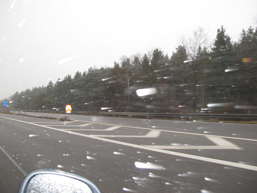 Snowing as we drove on the Autobahn.