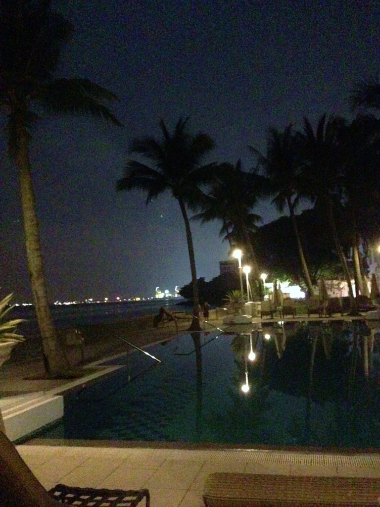 Night view of swimming pool.