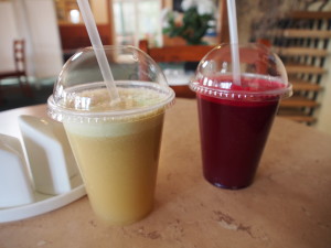 Mixed fruit juice and beetroot juice.