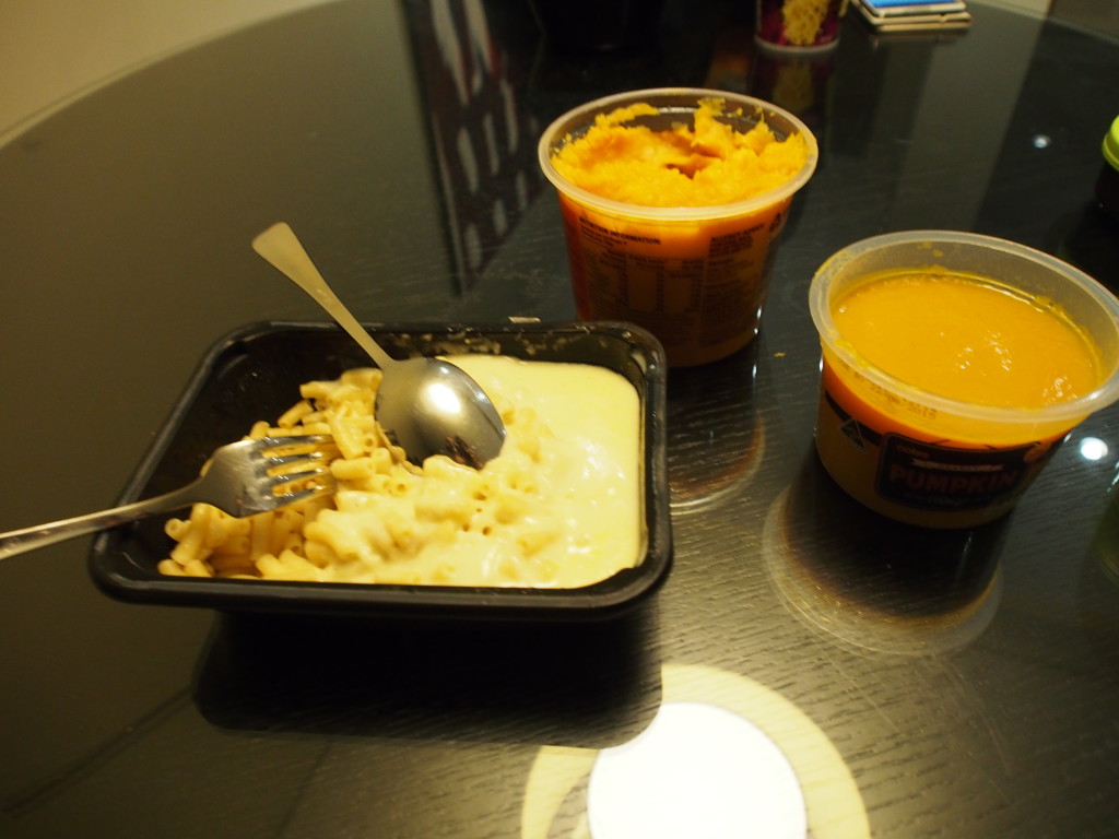 Pasta and cheese with pumpkin and veg mash.