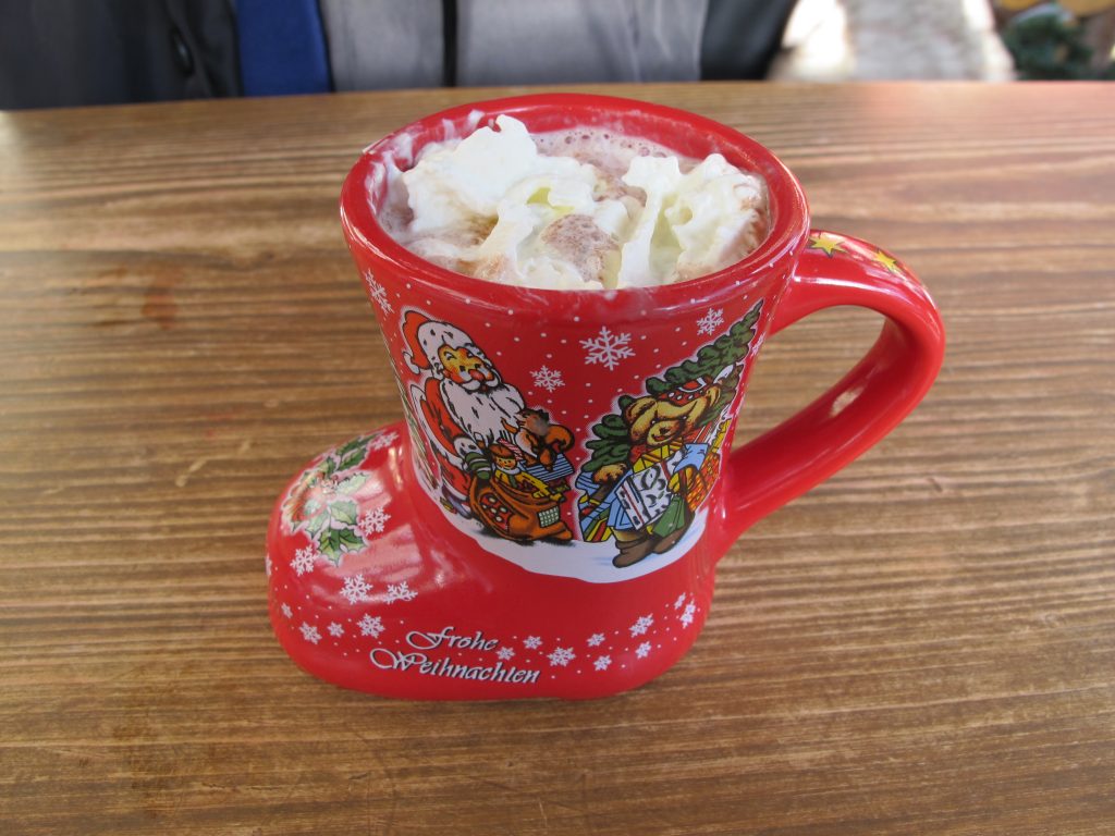 Hot choco in a refundable Santa boot.