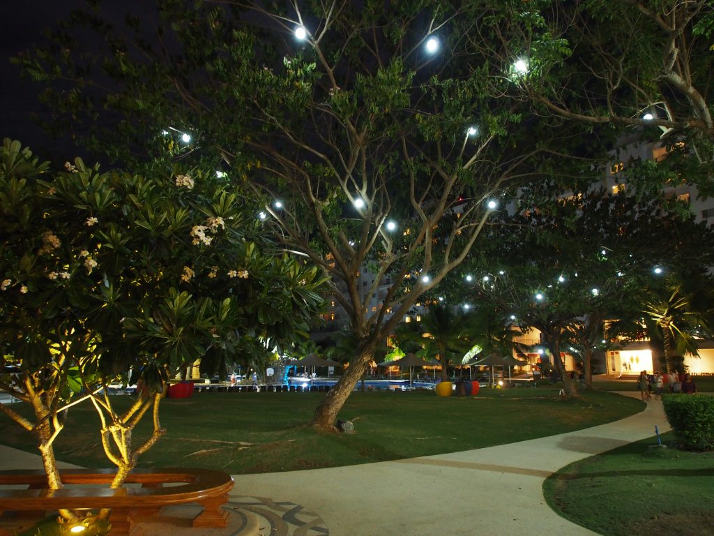 Night view of the resort interior.